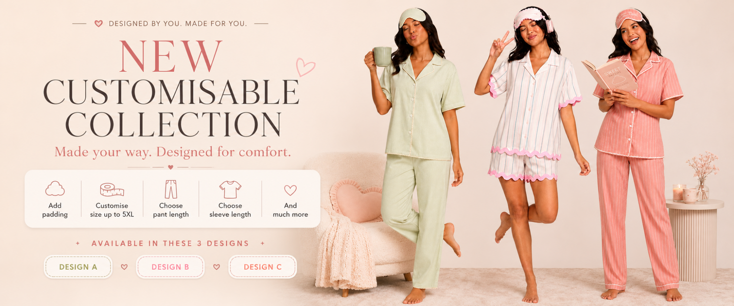 A promotional banner for a customisable pajama collection showing three women wearing different sleepwear sets: solid pale green, white and pink striped, and solid pink. The left side features text reading 'NEW CUSTOMISABLE COLLECTION' and icons detailing customization options like adding print, changing neck length, and choosing lengths.